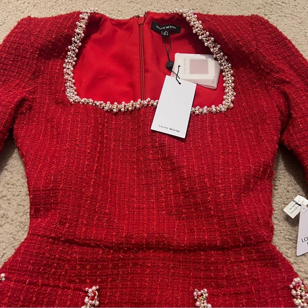 Nadine Merabi Natalie Red Dress in Tweed Fabric and Pearl Detail size XS NWT - Picture 4 of 6